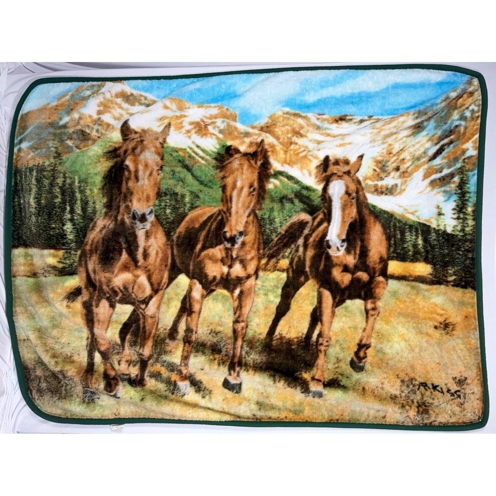 Northwest Co Spring Run‎ Horse Mountain Plush Throw Blanket Signed Western Cabin